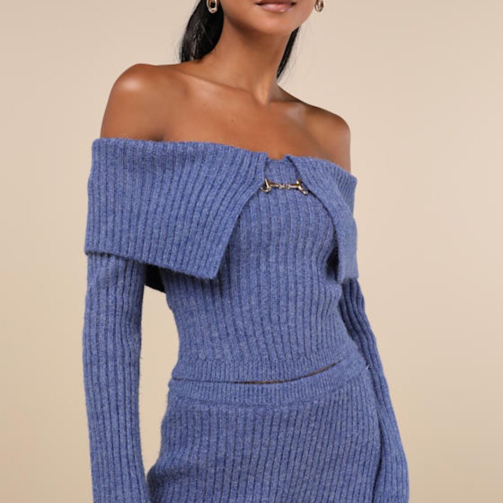 [NEW W TAGS] Lulus Charismatic Sense Heather Blue Off-the-shoulder Sweater Top